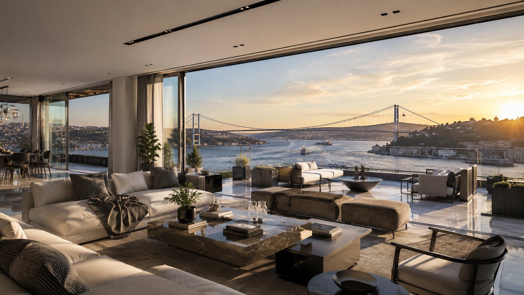 İstanbul Boğazı manzaralı modern salon ve teras